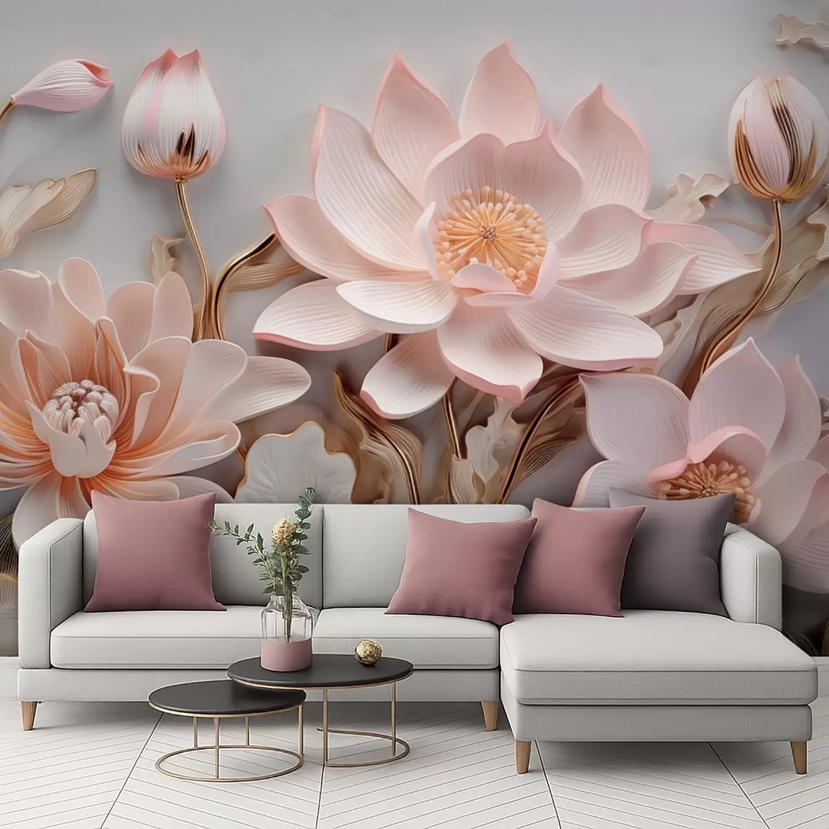 Fototapete Volumetrische rosa Blüten mit gelben Blättern w09277