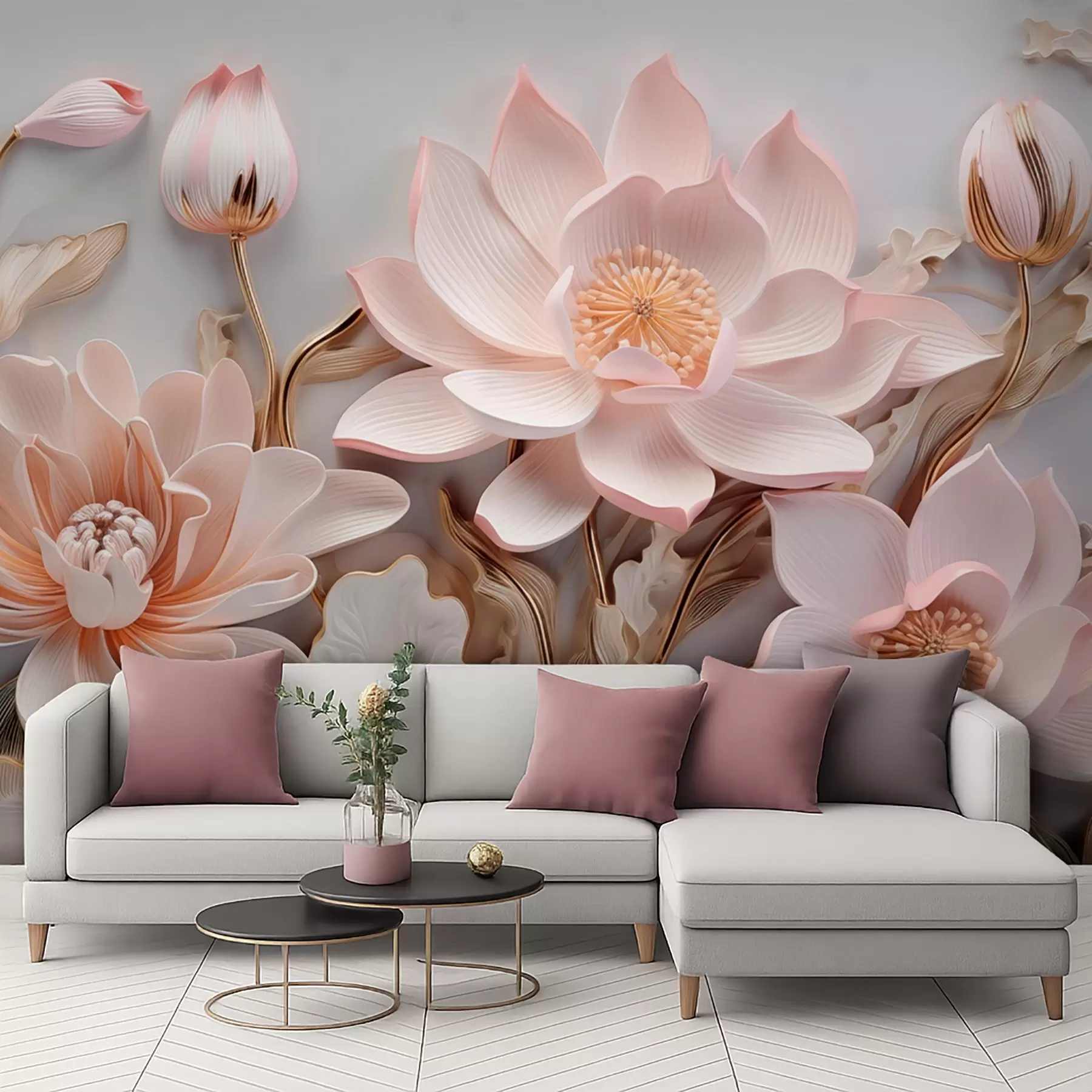 Fototapete Volumetrische rosa Blüten mit gelben Blättern w09277