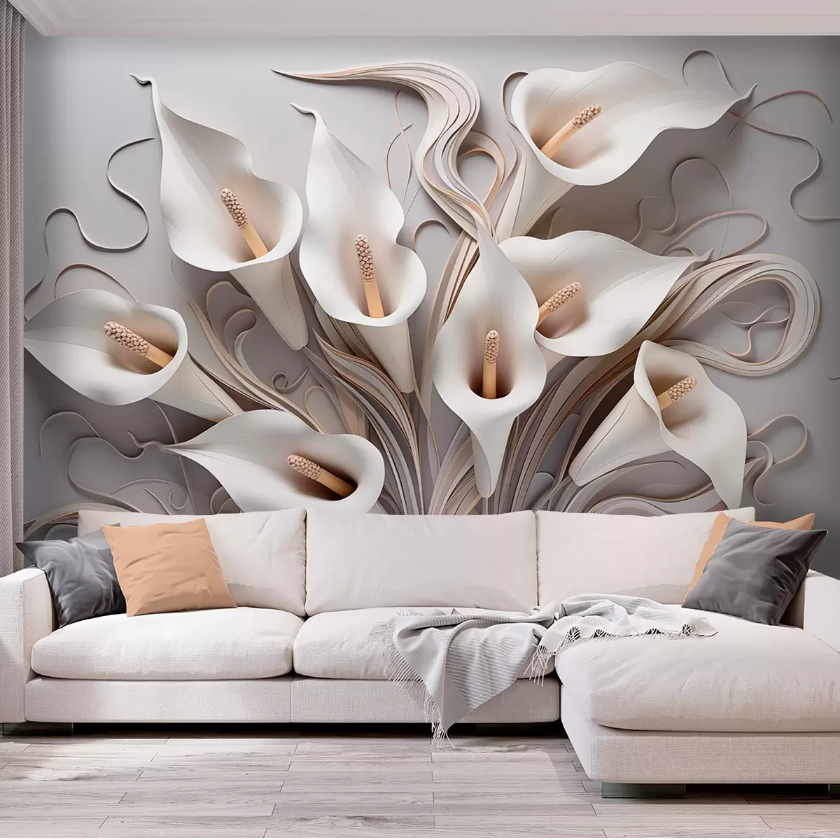 Fototapete Volumetrische Calla-Lilien in Cremetönen mit 3D-Effekt w09281