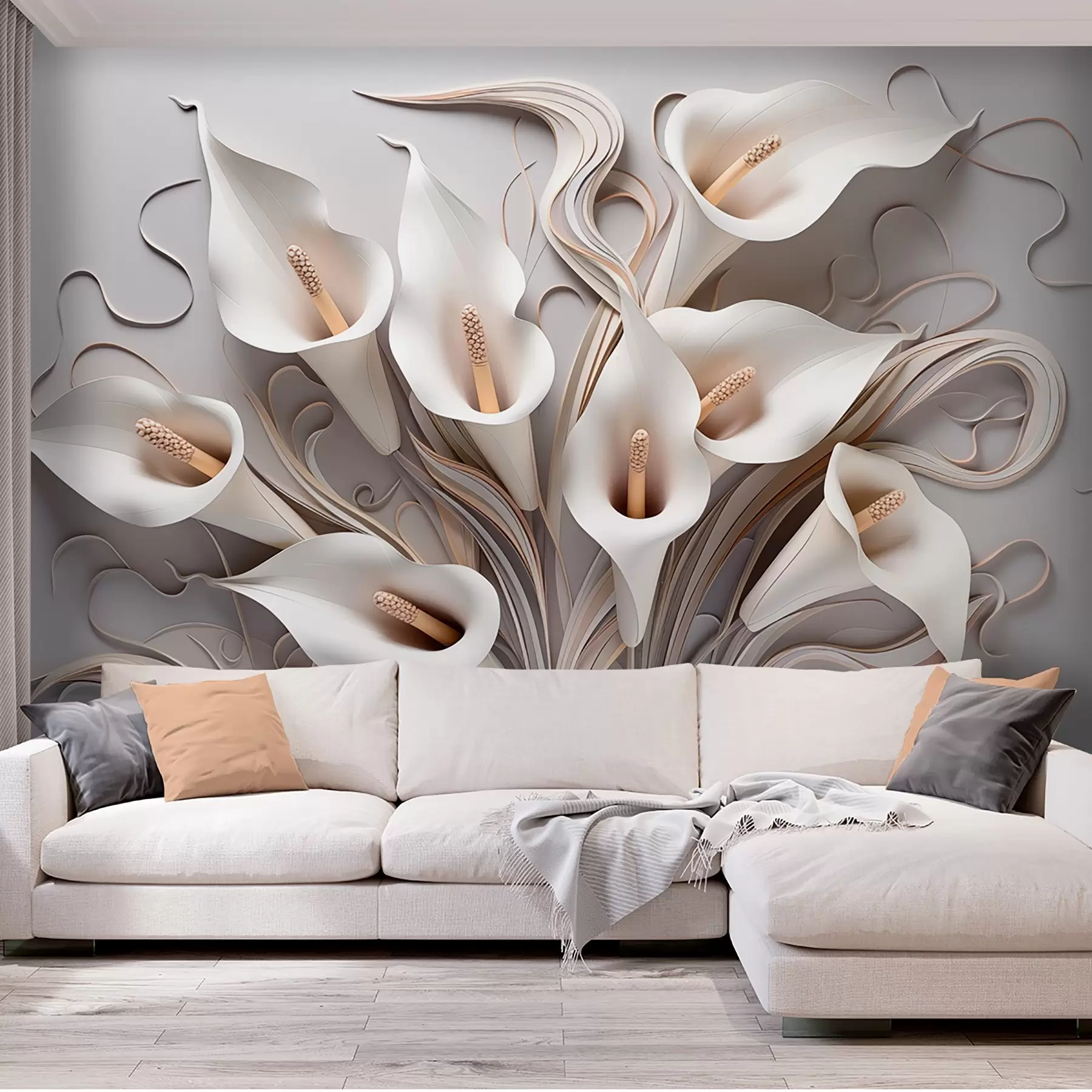 Fototapete Volumetrische Calla-Lilien in Cremetönen mit 3D-Effekt w09281