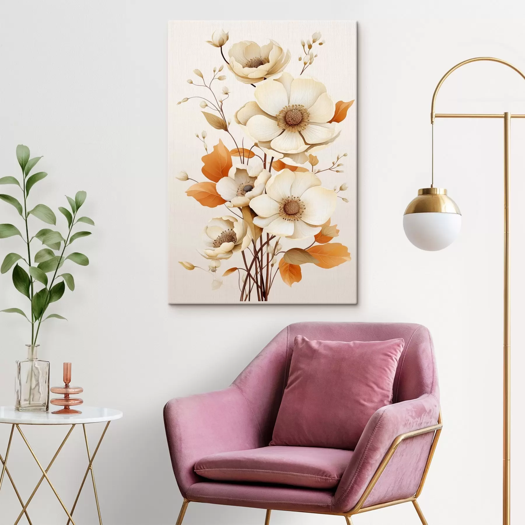 Fototapete Helle Blumen auf beigem Hintergrund s44549