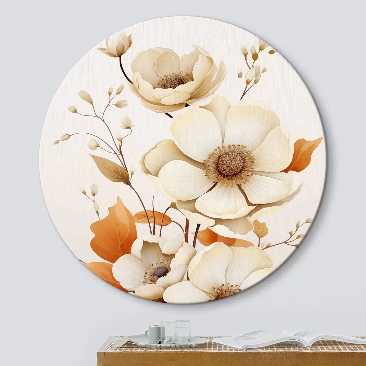 Runde Wandbilder Helle Blumen auf beigem Hintergrund r44549