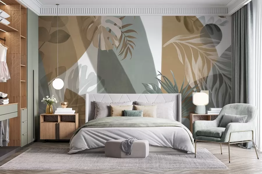 Fototapete Monstera Blätter und Palmenblätter in einem Muster mit braunen, weißen und grünen Farben, tropische Stimmung, abstrakte Formen, dekorativ w09288