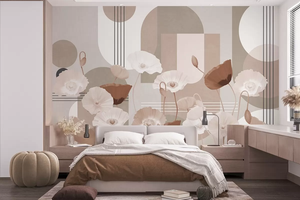 Fototapete Mohnblumen in weißen und beigen Farben mit geometrischen Formen im Hintergrund, Kreise und Bögen, minimalistischer Stil, weiche Farben w09289