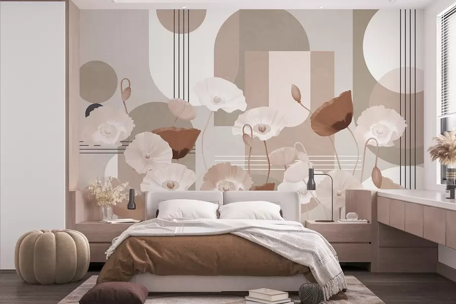 Fototapete Mohnblumen in weißen und beigen Farben mit geometrischen Formen im Hintergrund, Kreise und Bögen, minimalistischer Stil, weiche Farben w09289