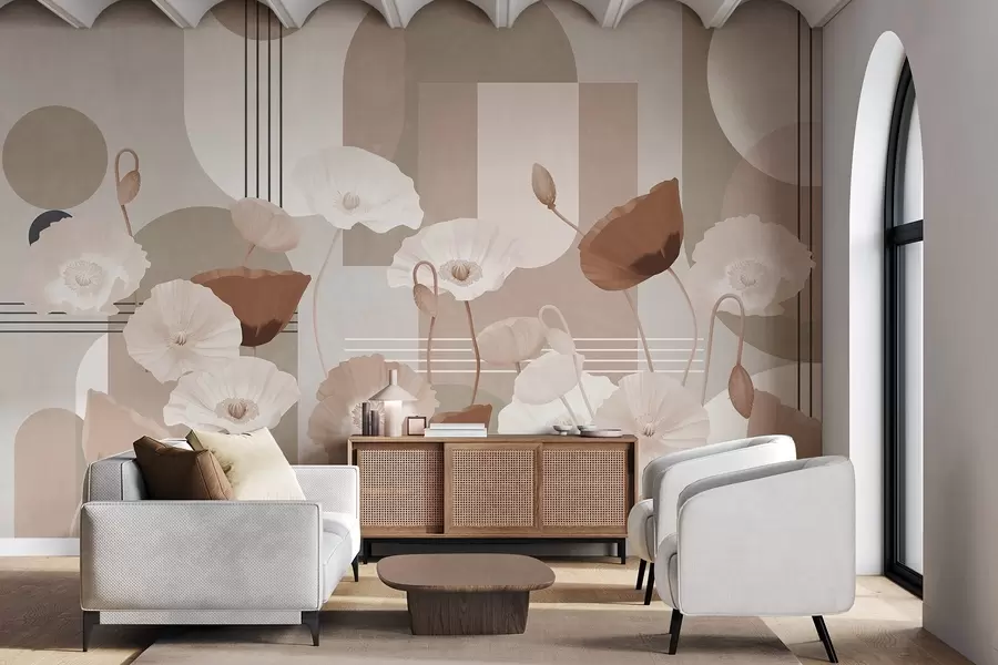 Fototapete Mohnblumen in weißen und beigen Farben mit geometrischen Formen im Hintergrund, Kreise und Bögen, minimalistischer Stil, weiche Farben w09289