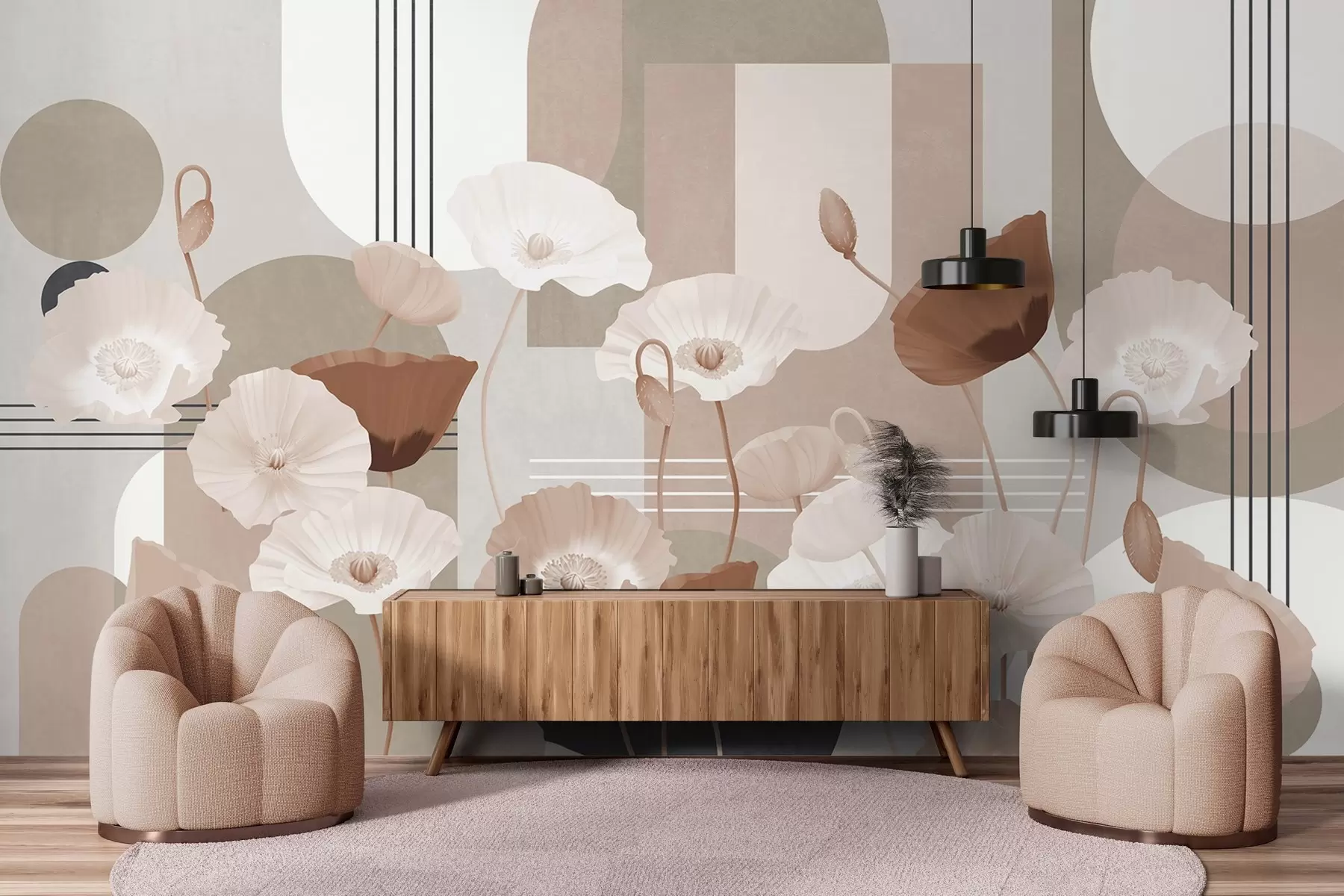 Fototapete Mohnblumen in weißen und beigen Farben mit geometrischen Formen im Hintergrund, Kreise und Bögen, minimalistischer Stil, weiche Farben w09289