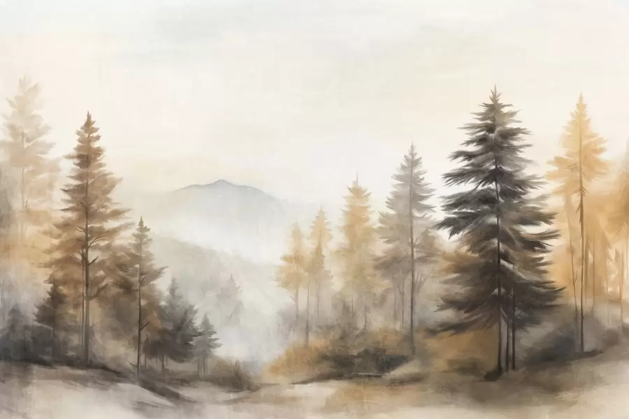 Fototapete Texturierter Herbstwald mit hohen Kiefern und Bergen im Hintergrund, die Farben sind gedämpft und erdig Malerei Stil w09290