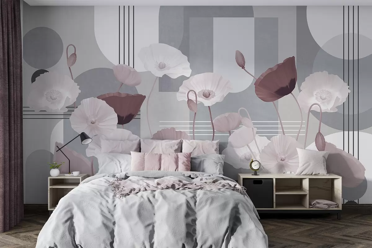 Fototapete Mohnblumen in weißen und grauen Farben mit geometrischen Formen im Hintergrund, Kreise und Bögen, minimalistischer Stil, weiche Farben w09289v1