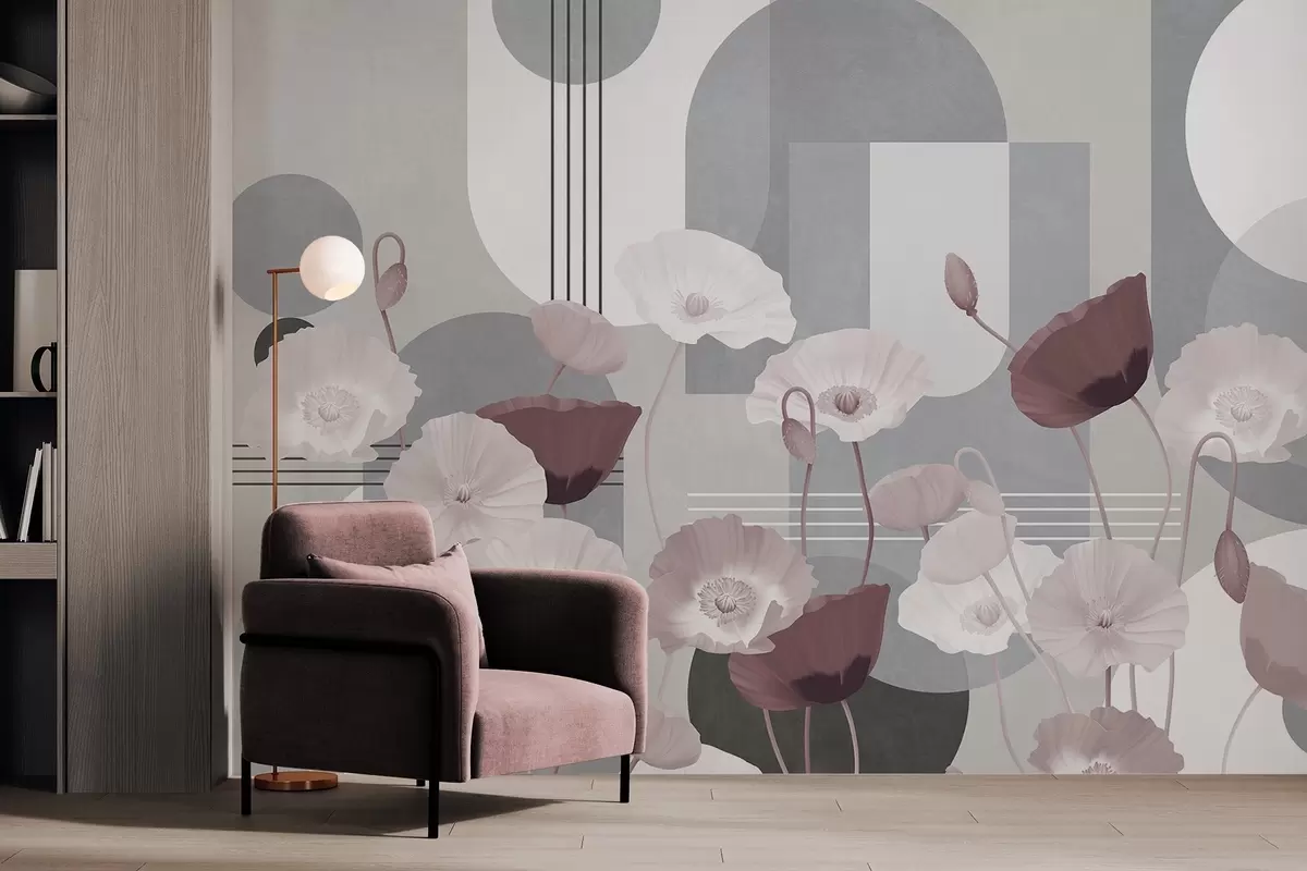 Fototapete Mohnblumen in weißen und grauen Farben mit geometrischen Formen im Hintergrund, Kreise und Bögen, minimalistischer Stil, weiche Farben w09289v1
