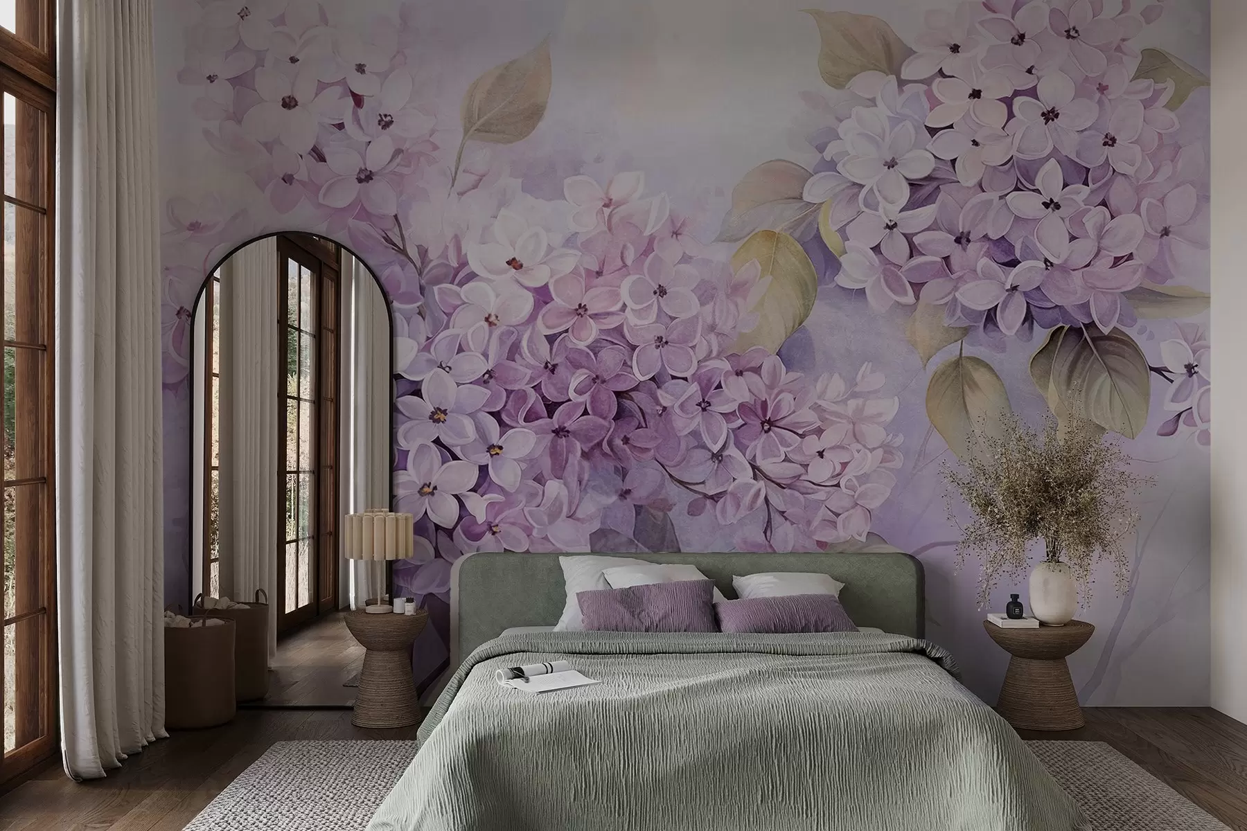 Fototapete Lila strukturierte Blumen mit hellvioletten Blütenblättern, hellgrüne Blätter, Aquarellstil, weiche, pastellige Farben, zarte Pinselstriche w09291