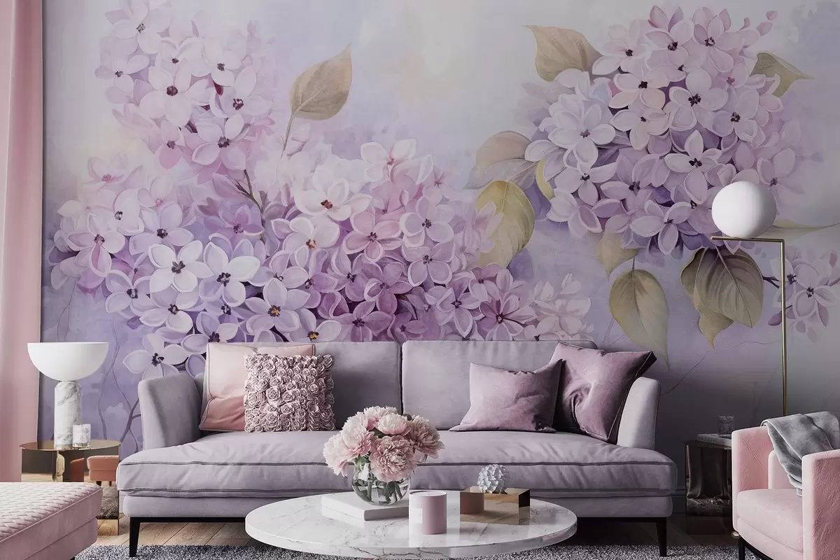 Fototapete Lila strukturierte Blumen mit hellvioletten Blütenblättern, hellgrüne Blätter, Aquarellstil, weiche, pastellige Farben, zarte Pinselstriche w09291