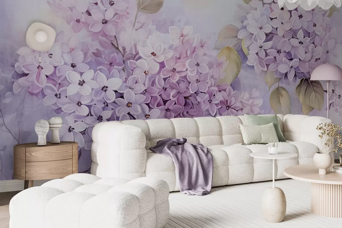 Fototapete Lila strukturierte Blumen mit hellvioletten Blütenblättern, hellgrüne Blätter, Aquarellstil, weiche, pastellige Farben, zarte Pinselstriche w09291