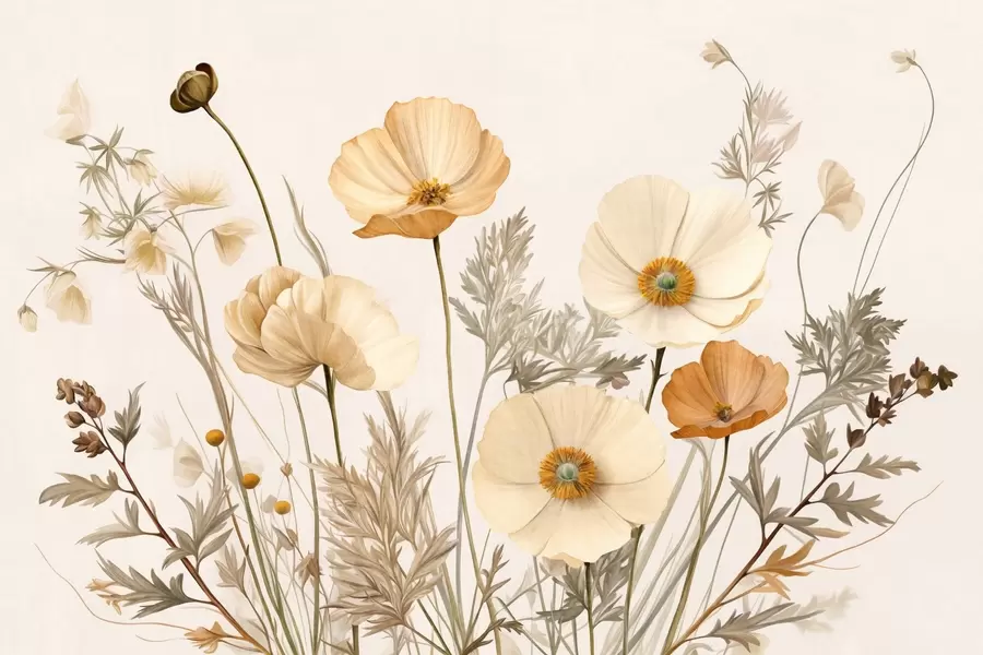 Fototapete Orange und weiße Vintage strukturierte Mohnblumen mit dünnen Stielen und Blättern, hellbeige Hintergrund, Aquarell-Stil w09293