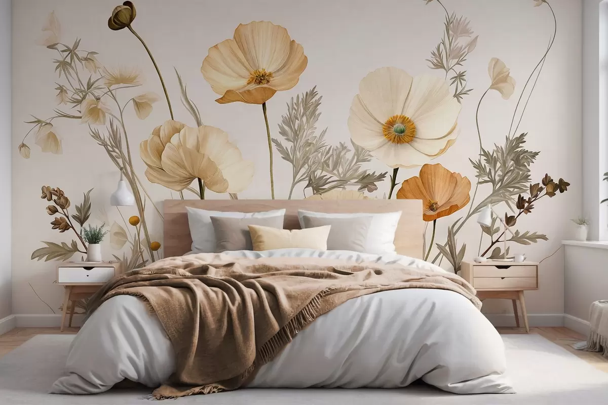 Fototapete Orange und weiße Vintage strukturierte Mohnblumen mit dünnen Stielen und Blättern, hellbeige Hintergrund, Aquarell-Stil w09293