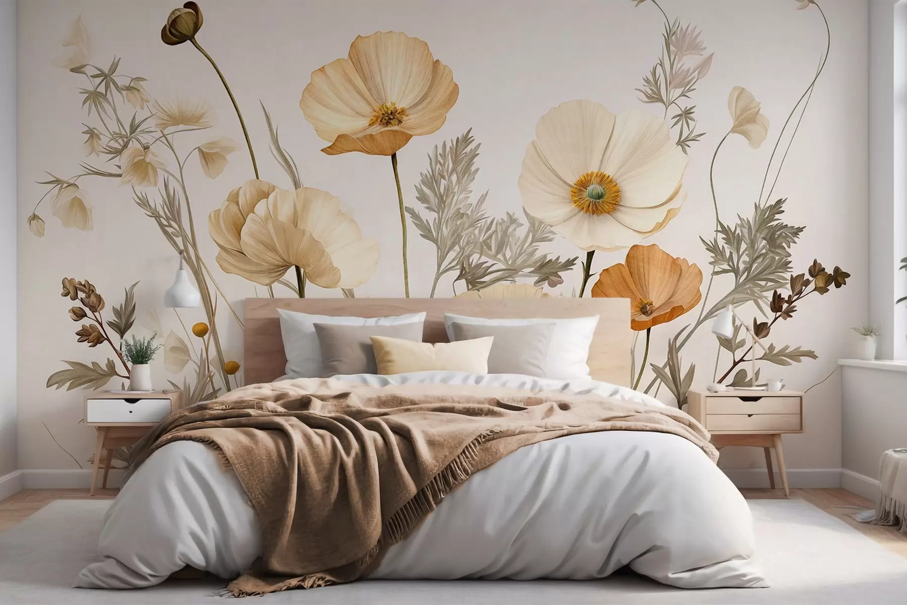 Fototapete Orange und weiße Vintage strukturierte Mohnblumen mit dünnen Stielen und Blättern, hellbeige Hintergrund, Aquarell-Stil w09293
