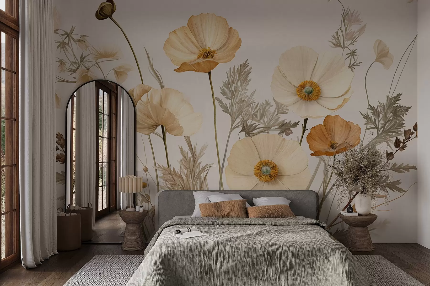 Fototapete Orange und weiße Vintage strukturierte Mohnblumen mit dünnen Stielen und Blättern, hellbeige Hintergrund, Aquarell-Stil w09293