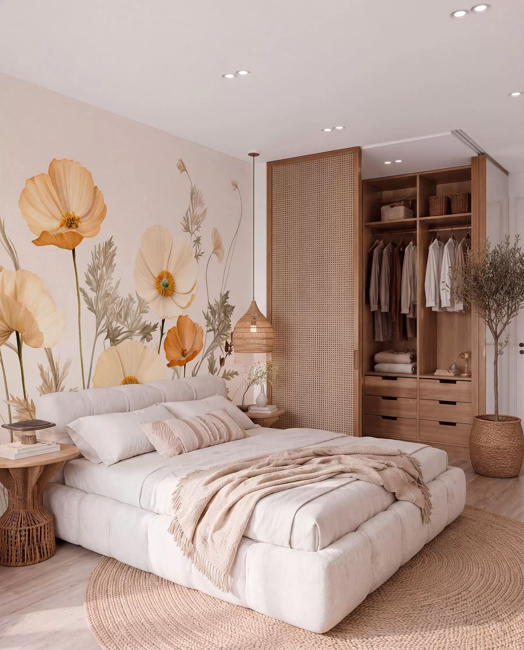 Fototapete Orange und weiße Vintage strukturierte Mohnblumen mit dünnen Stielen und Blättern, hellbeige Hintergrund, Aquarell-Stil w09293