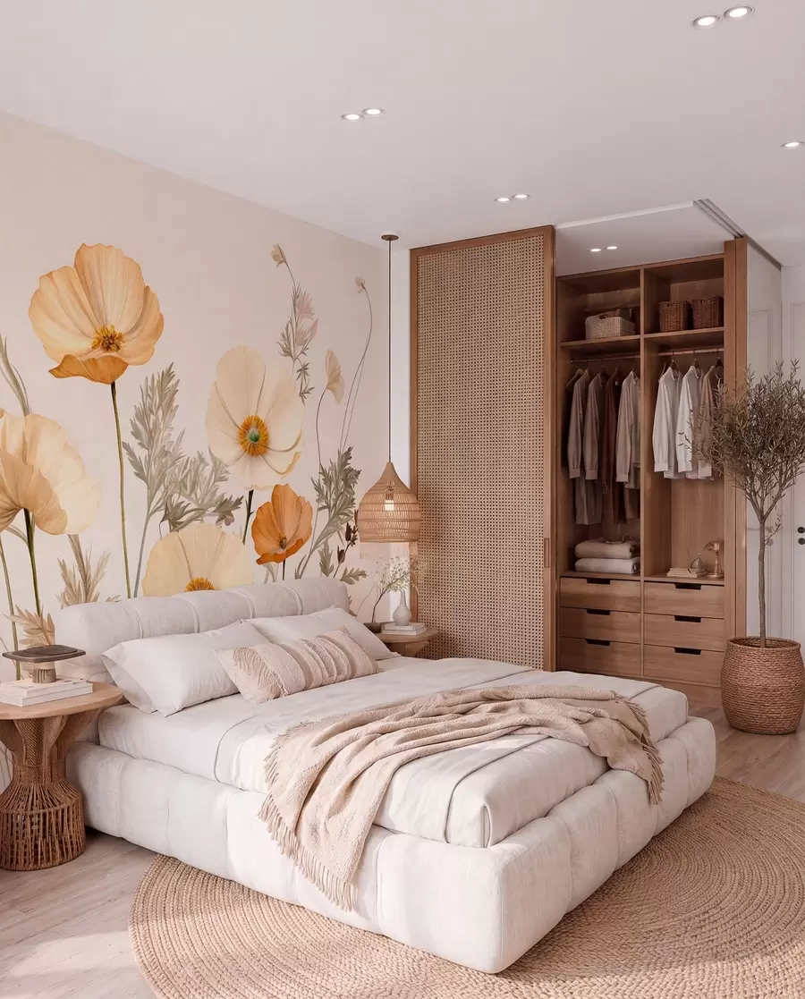 Fototapete Orange und weiße Vintage strukturierte Mohnblumen mit dünnen Stielen und Blättern, hellbeige Hintergrund, Aquarell-Stil w09293