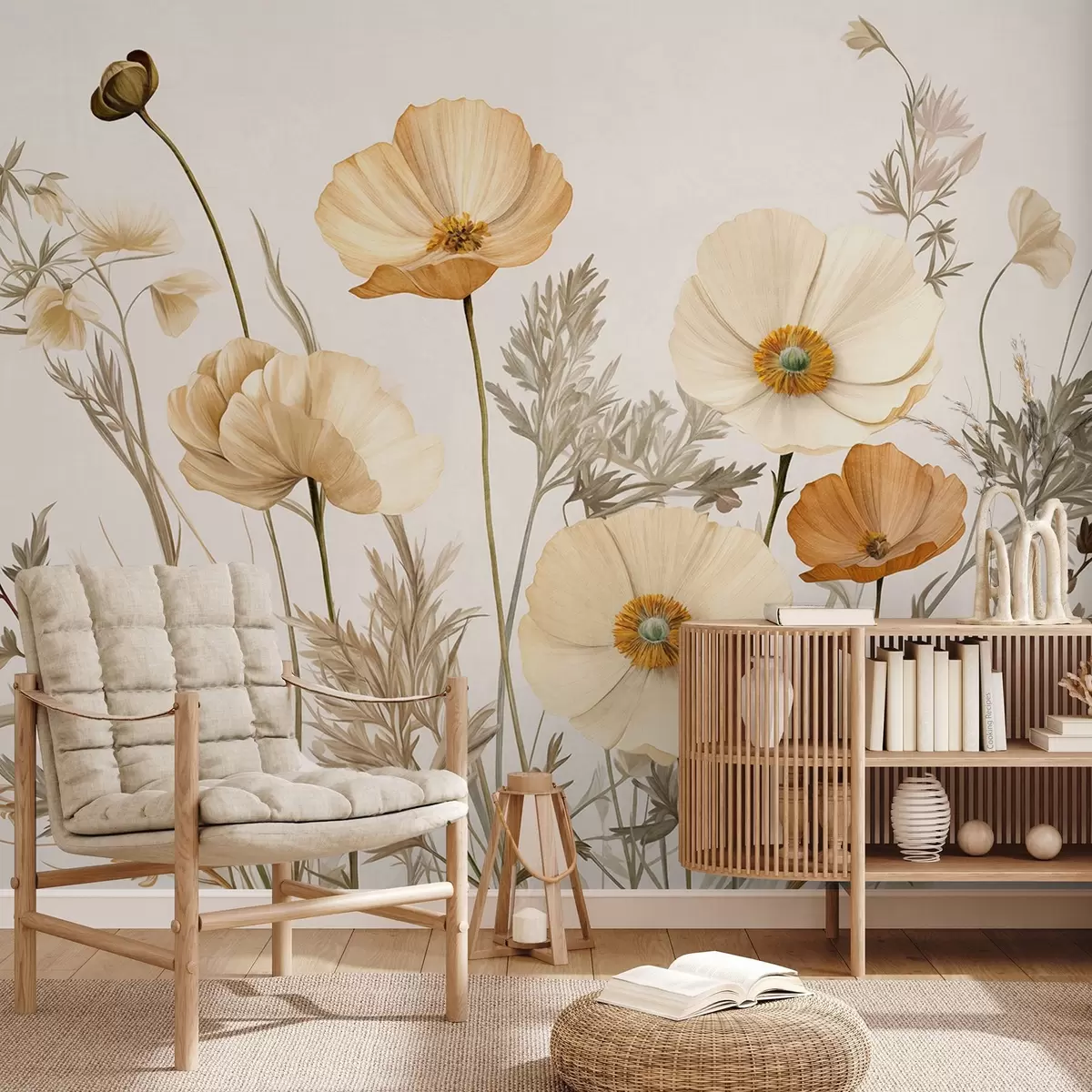 Fototapete Orange und weiße Vintage strukturierte Mohnblumen mit dünnen Stielen und Blättern, hellbeige Hintergrund, Aquarell-Stil w09293