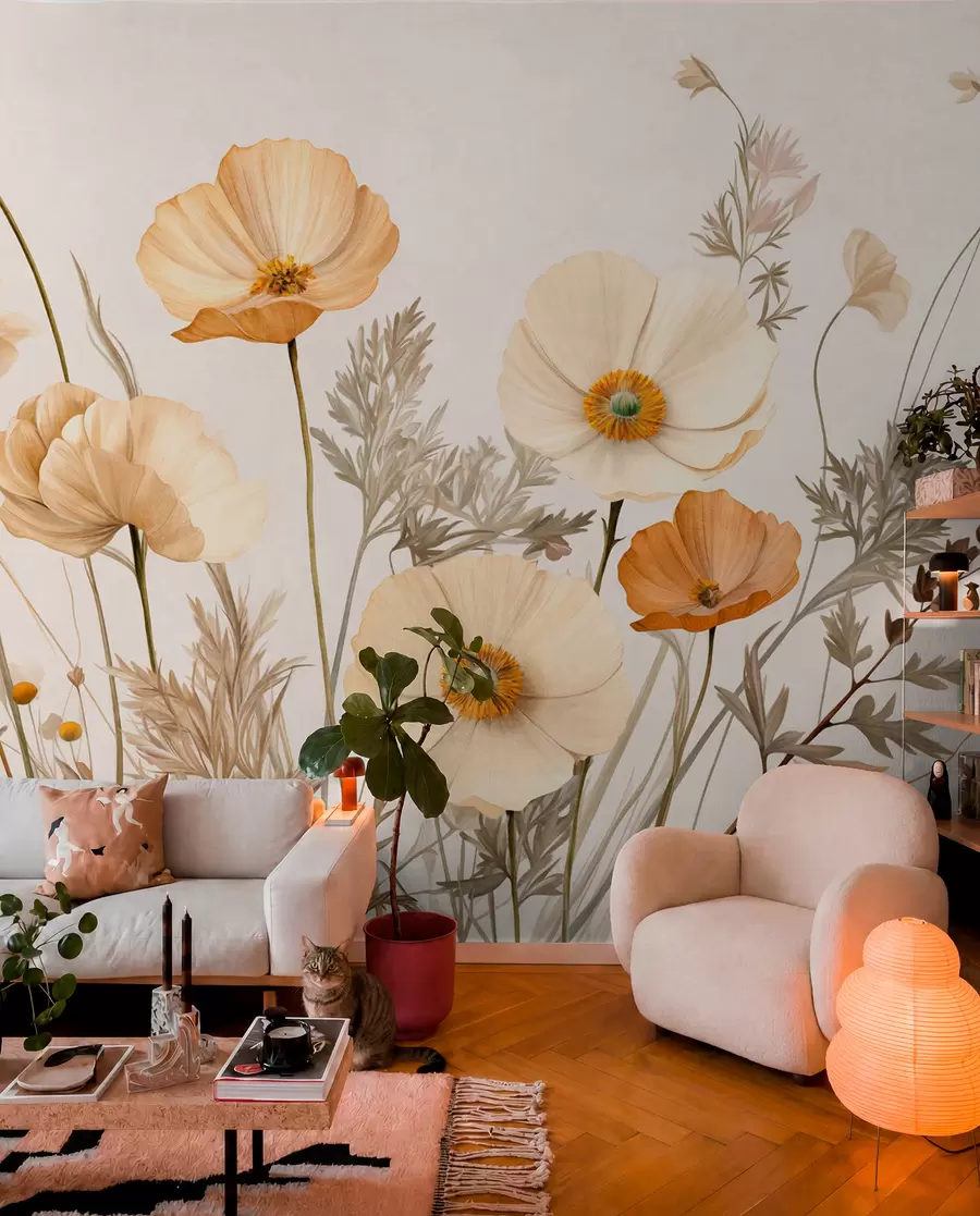 Fototapete Orange und weiße Vintage strukturierte Mohnblumen mit dünnen Stielen und Blättern, hellbeige Hintergrund, Aquarell-Stil w09293