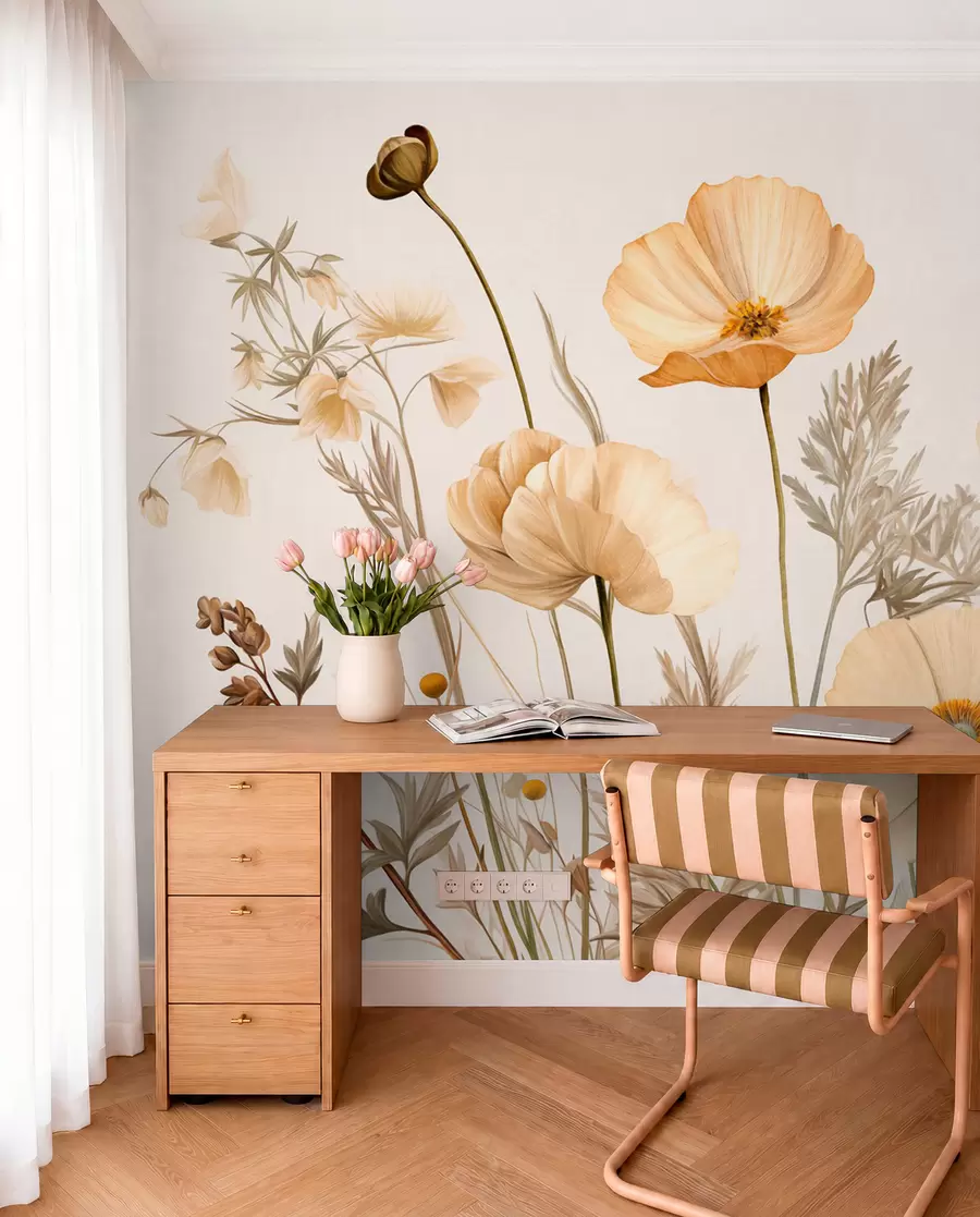 Fototapete Orange und weiße Vintage strukturierte Mohnblumen mit dünnen Stielen und Blättern, hellbeige Hintergrund, Aquarell-Stil w09293
