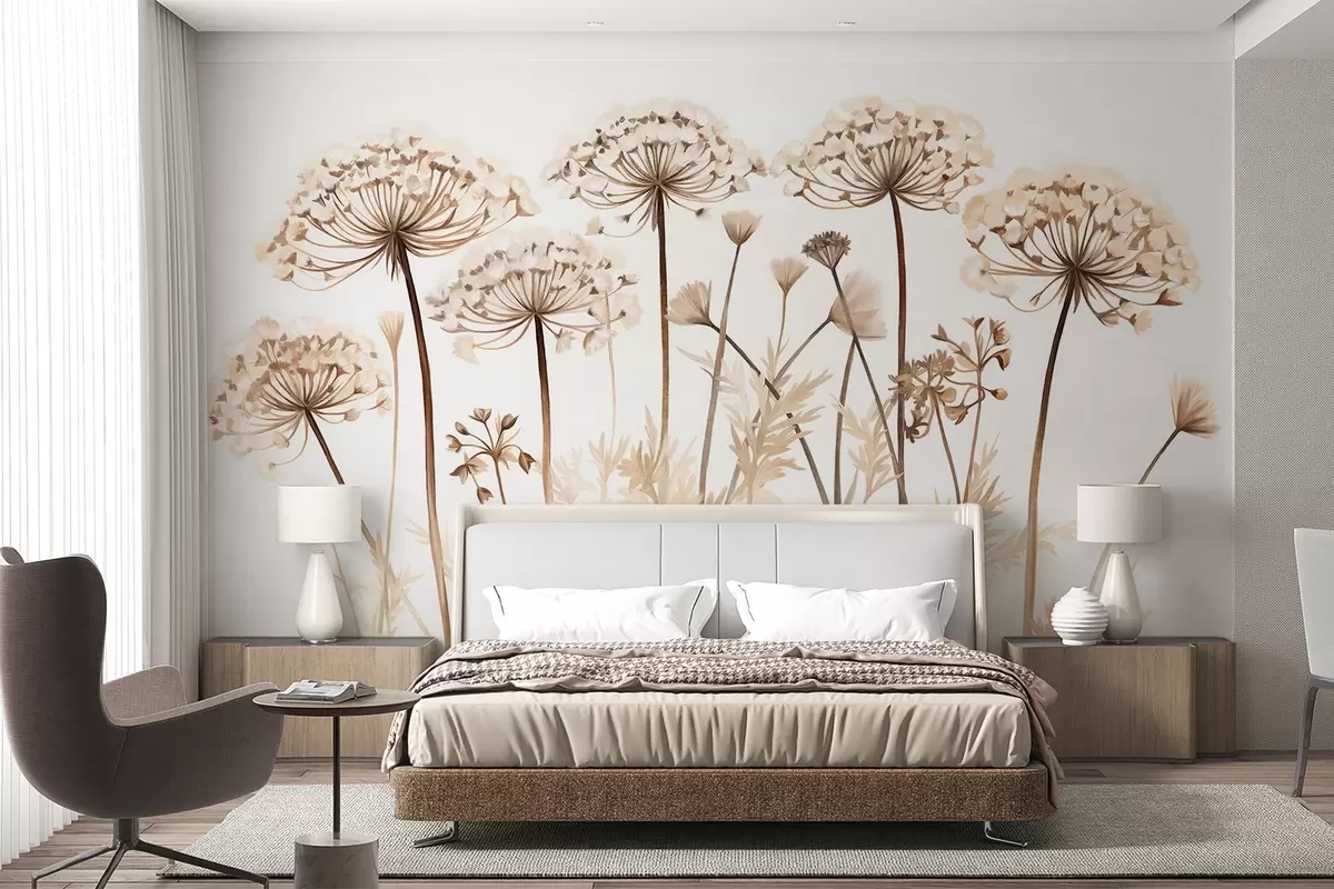 Fototapete Queen Anne's Lace Blumen in einem Feld, texturierte Malerei Nachahmung, braun, beige und weiß Farbpalette, botanische Illustration w09294