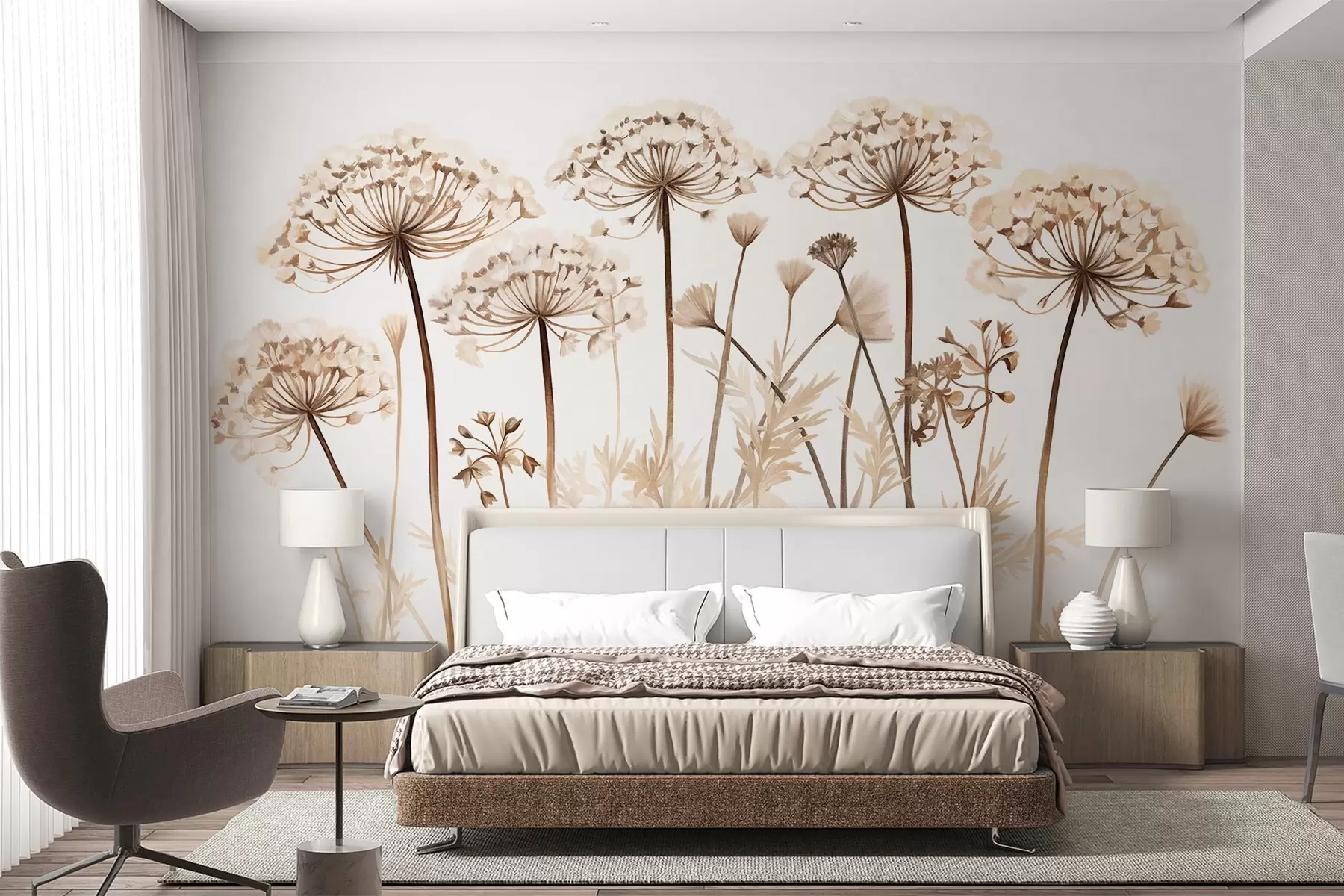 Fototapete Queen Anne's Lace Blumen in einem Feld, texturierte Malerei Nachahmung, braun, beige und weiß Farbpalette, botanische Illustration w09294