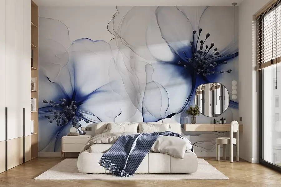 Fototapete Zwei durchscheinende, strukturierte blaue Blüten mit sichtbaren Staubgefäßen, sich überlappenden zarten Blütenblättern und einer weich fließenden Textur w09295v1