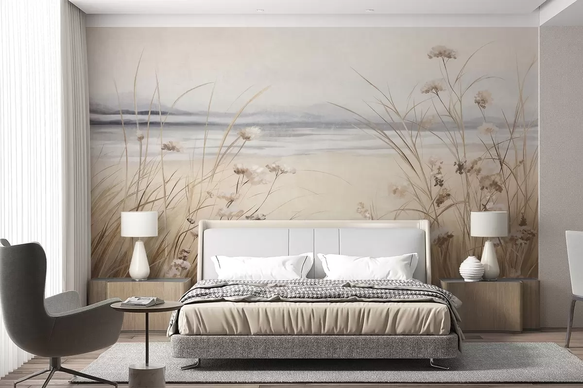 Fototapete Ein Weizenfeld mit weißen Blumen im Vordergrund, ein Strand und das Meer im Hintergrund, neutrale, gedämpfte Pastellfarben w09298