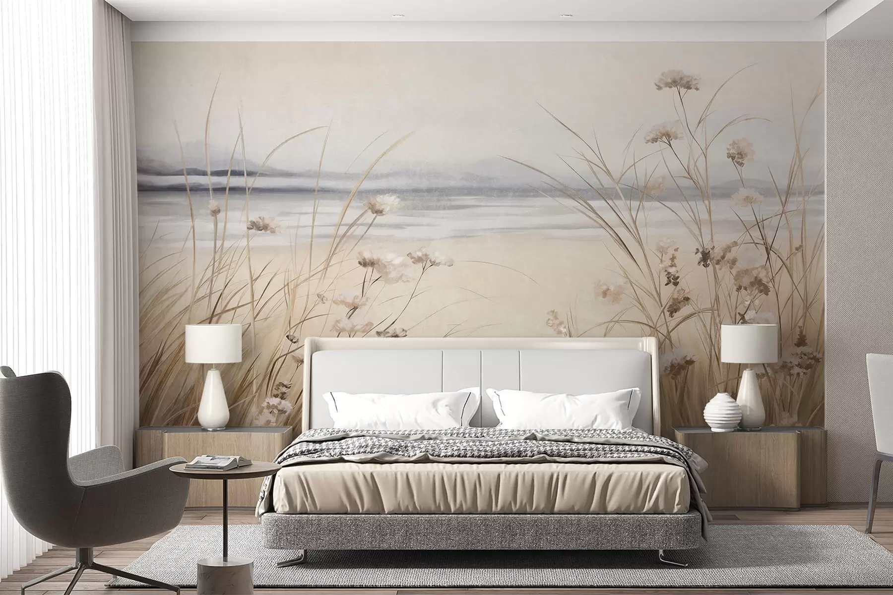 Fototapete Ein Weizenfeld mit weißen Blumen im Vordergrund, ein Strand und das Meer im Hintergrund, neutrale, gedämpfte Pastellfarben w09298