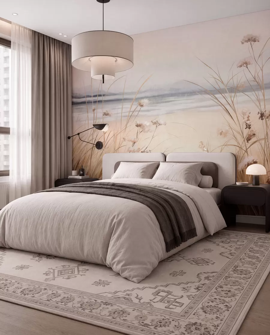 Fototapete Ein Weizenfeld mit weißen Blumen im Vordergrund, ein Strand und das Meer im Hintergrund, neutrale, gedämpfte Pastellfarben w09298