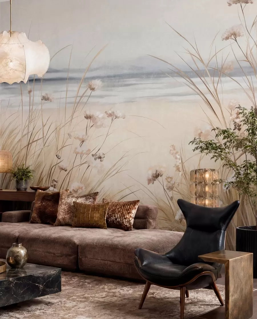 Fototapete Ein Weizenfeld mit weißen Blumen im Vordergrund, ein Strand und das Meer im Hintergrund, neutrale, gedämpfte Pastellfarben w09298