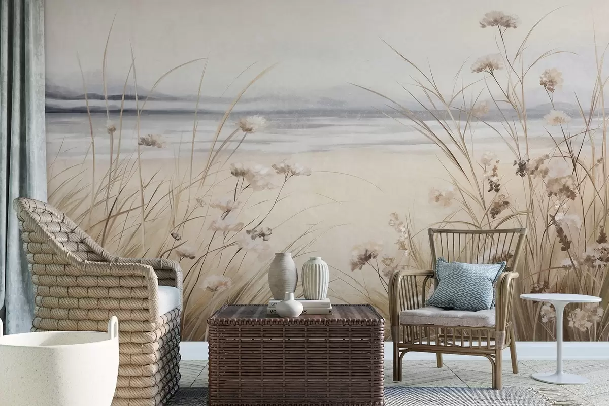 Fototapete Ein Weizenfeld mit weißen Blumen im Vordergrund, ein Strand und das Meer im Hintergrund, neutrale, gedämpfte Pastellfarben w09298