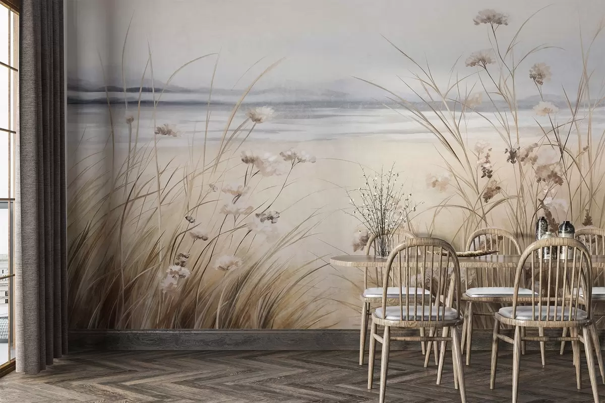 Fototapete Ein Weizenfeld mit weißen Blumen im Vordergrund, ein Strand und das Meer im Hintergrund, neutrale, gedämpfte Pastellfarben w09298