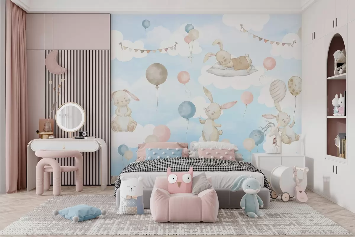 Fototapete Kaninchen mit Luftballons auf Wolken w04337