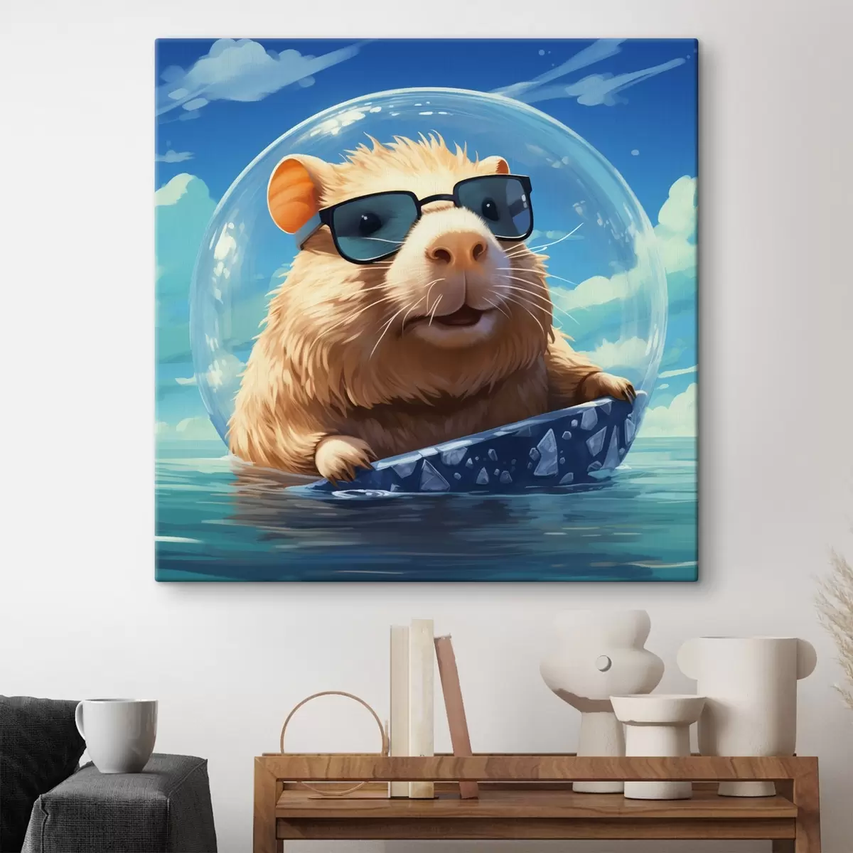 Fototapete Fröhliches Wasserschwein in einer durchsichtigen Blase auf dem Wasser s45029