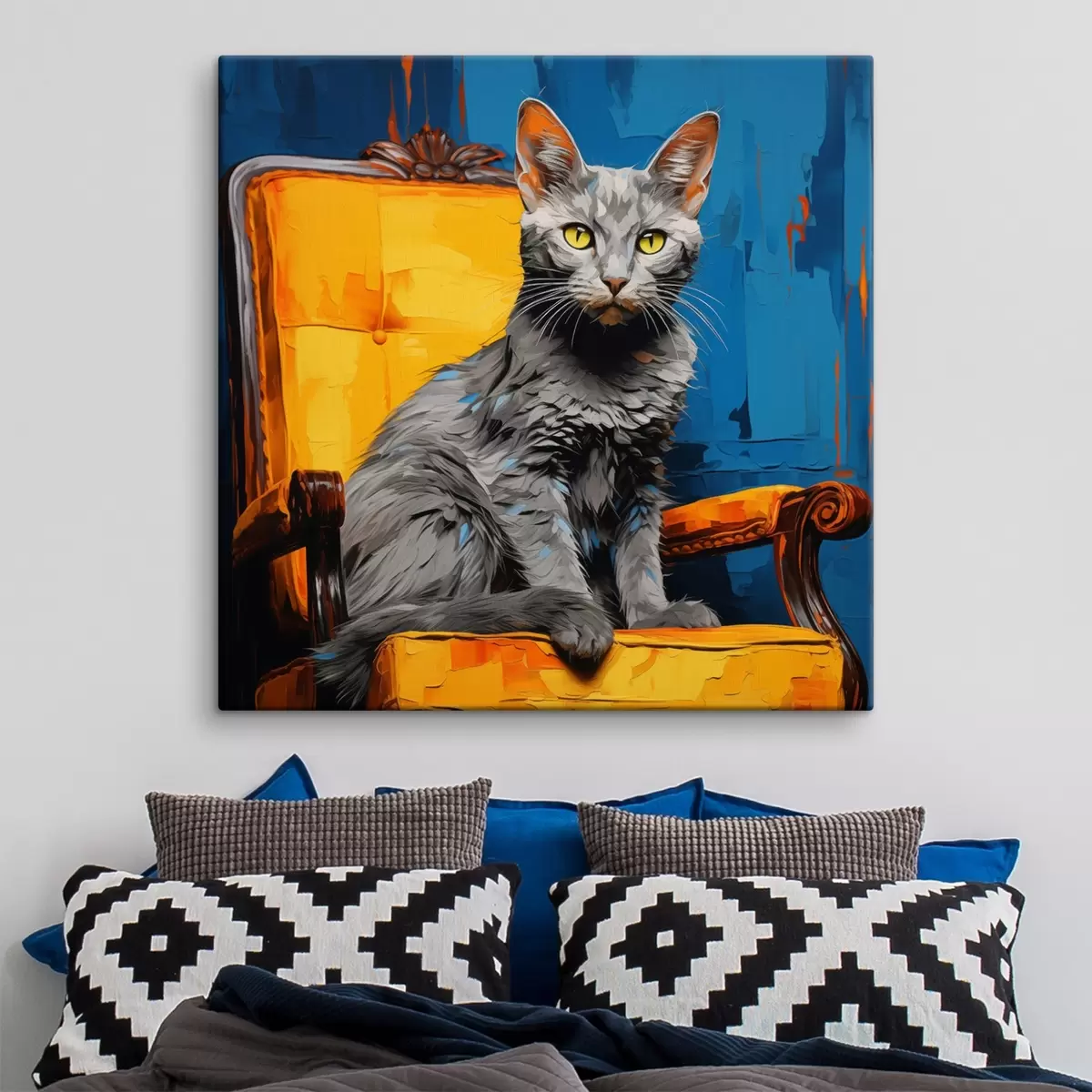 Fototapete Künstlerische Katze Porträt auf einem blauen Hintergrund s45030