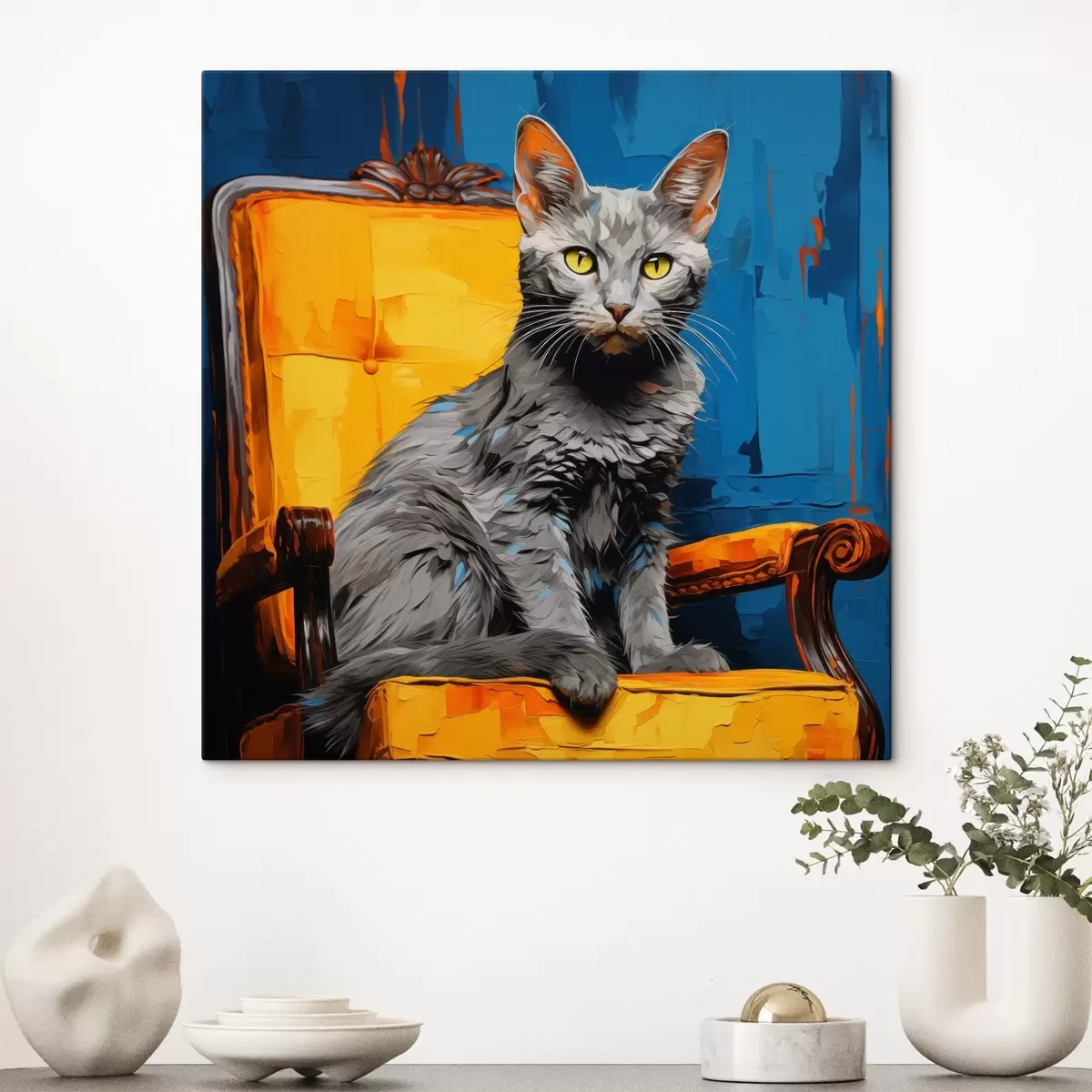 Fototapete Künstlerische Katze Porträt auf einem blauen Hintergrund s45030