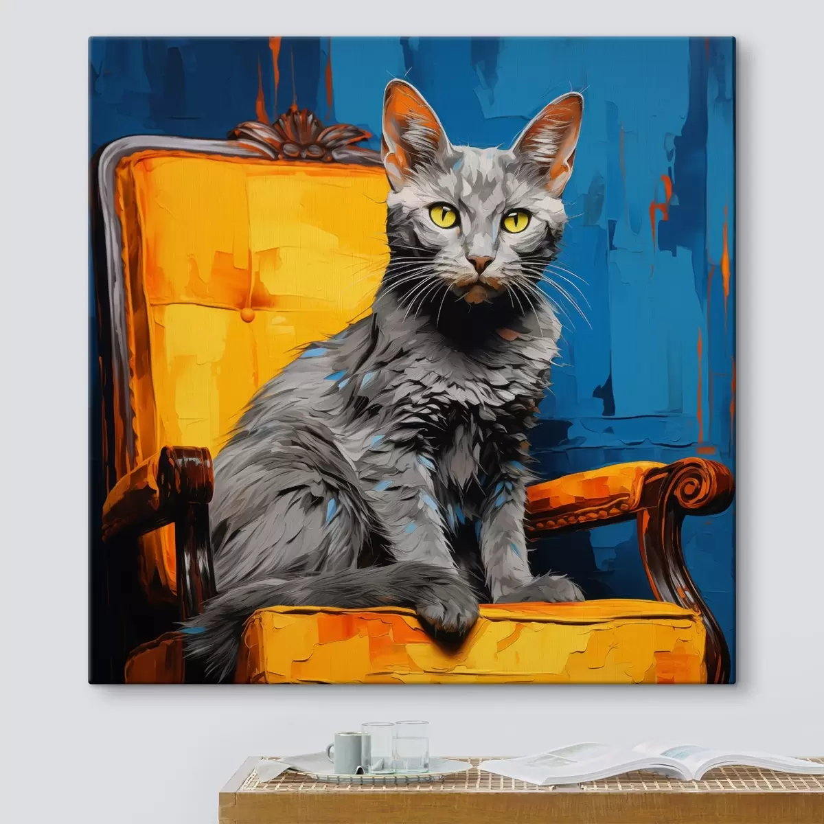Fototapete Künstlerische Katze Porträt auf einem blauen Hintergrund s45030