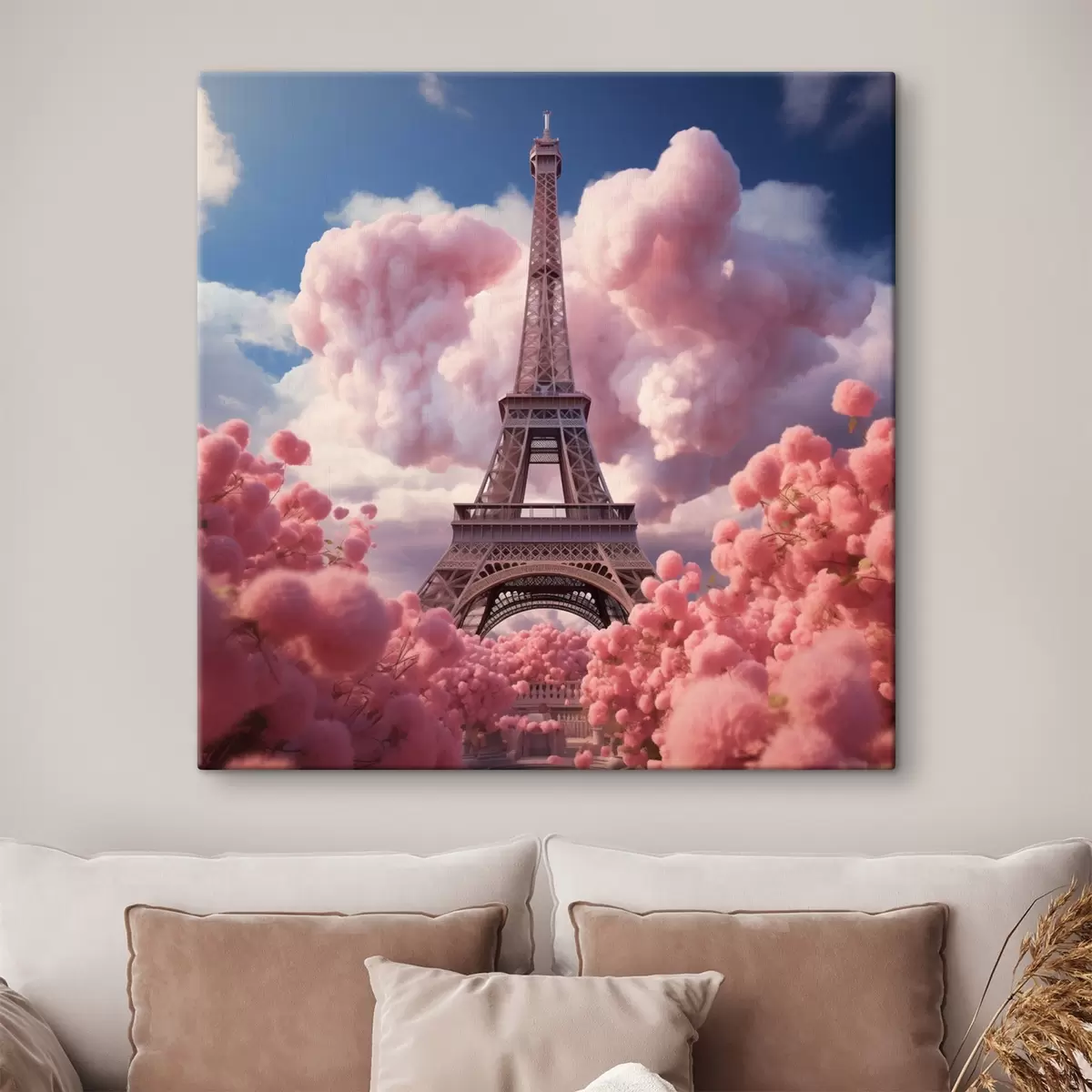 Fototapete Eiffelturm in rosa Wolken im Fantasy-Stil s45036