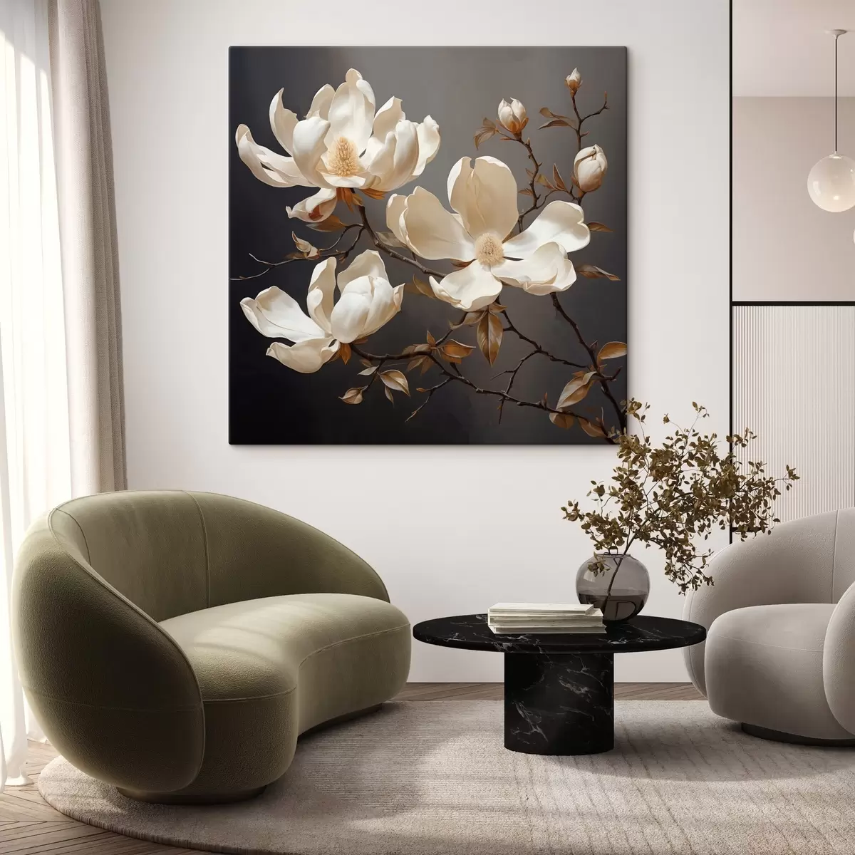 Fototapete Weiße Magnolien auf dunklem Hintergrund im malerischen Stil s45038