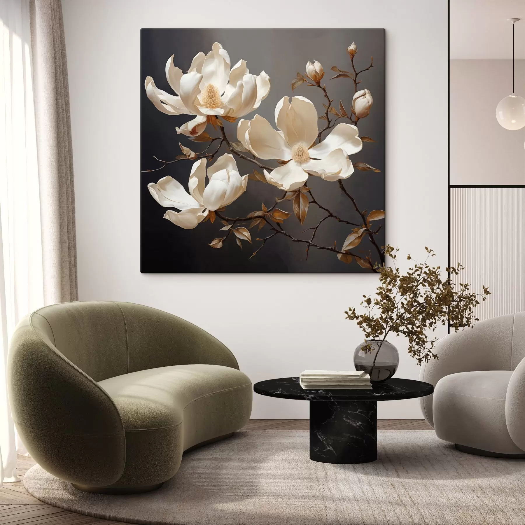 Fototapete Weiße Magnolien auf dunklem Hintergrund im malerischen Stil s45038