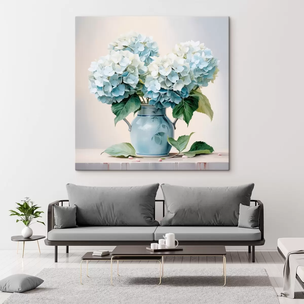 Fototapete Frische Hortensien in einer blauen Vase auf hellem Hintergrund s45043