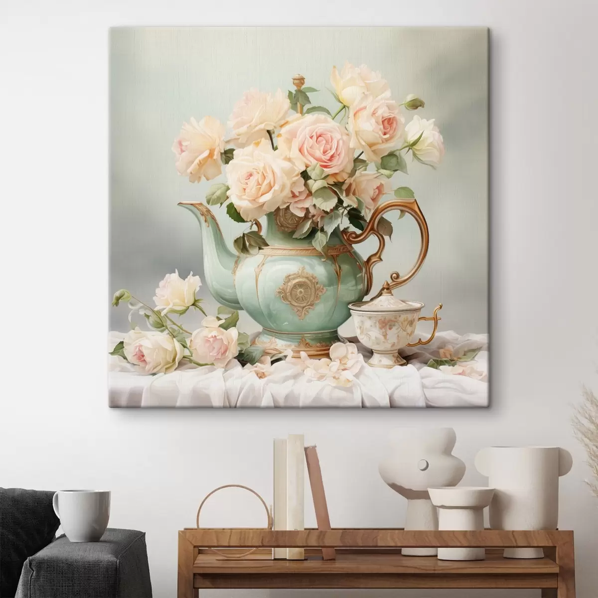 Fototapete Stilleben mit zarten Rosen in einem Teeservice s45045