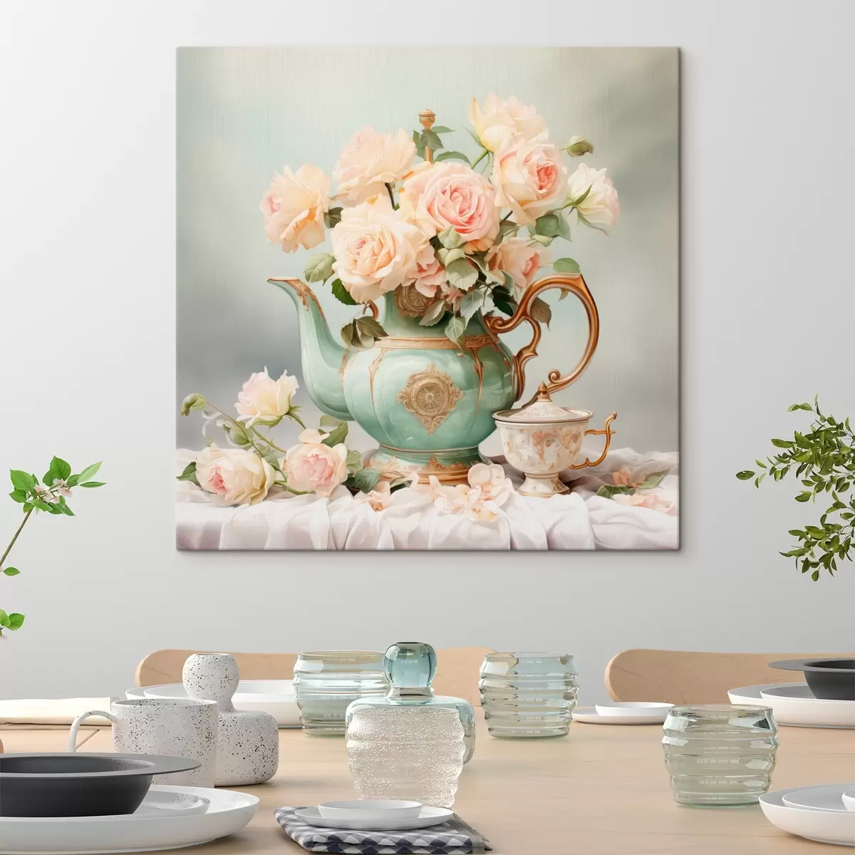 Fototapete Stilleben mit zarten Rosen in einem Teeservice s45045