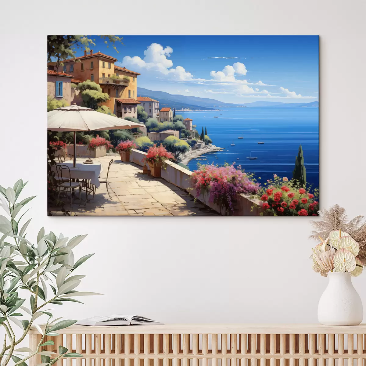 Fototapete Mediterrane Landschaft mit blühender Terrasse im künstlerischen Stil s45053