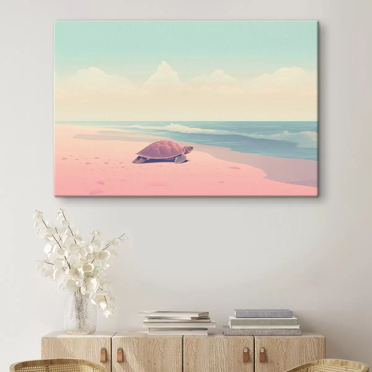 Fototapete Meeresschildkröte an einem rosa Strand: minimalistische Landschaft s45059