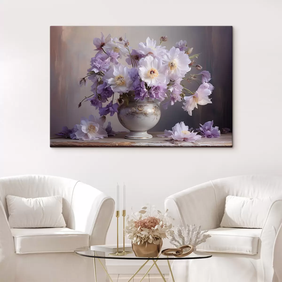 Fototapete Blumenstillleben: weiße und violette Blumen im künstlerischen Stil s45058