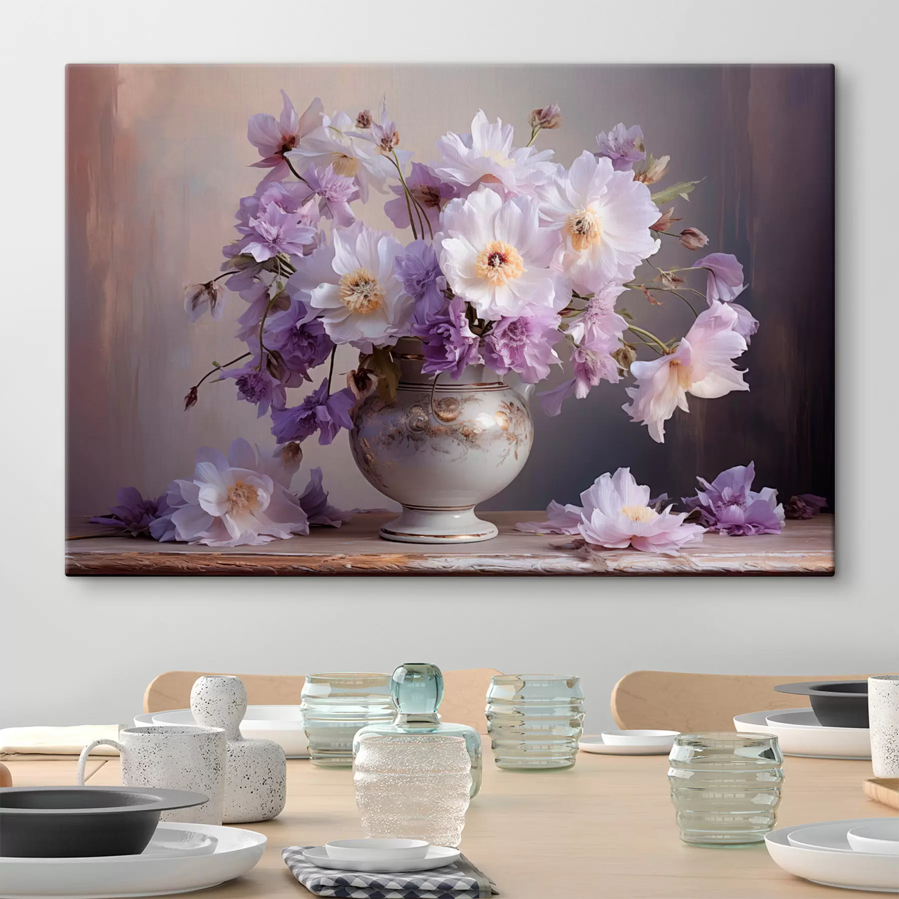 Fototapete Blumenstillleben: weiße und violette Blumen im künstlerischen Stil s45058